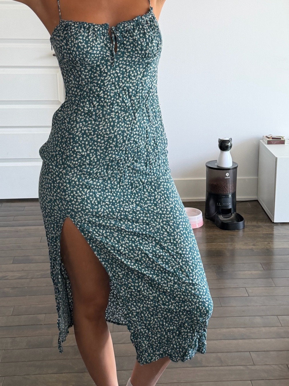 Pull&Bear Teal Green Floral Midi Slip Dress with Side Slit